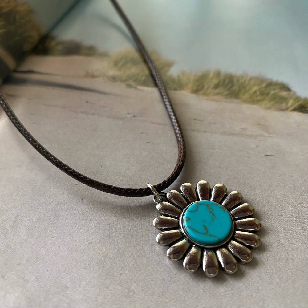 Handmade Cord Necklace Silver Turquoise 9" Long